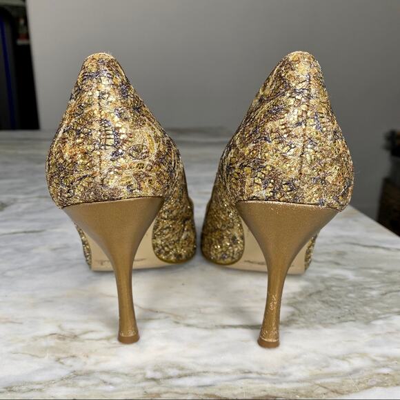 ENZO ANGIOLINI Womens Gold Glitter Peep Toe Pumps Heels Size 6 - Picture 4 of 6